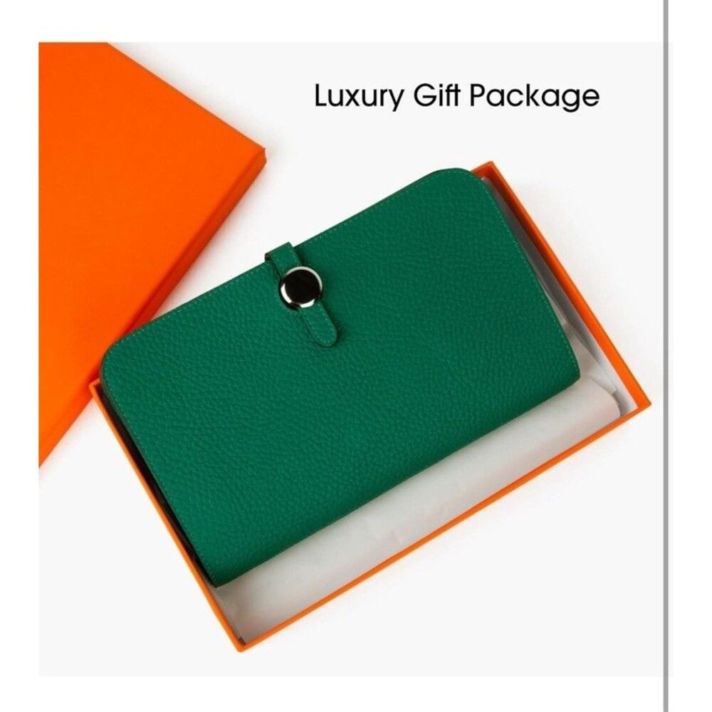 Genuine Leather Card Holder Bifold Passport Long Handmade Wallet Green Clutch